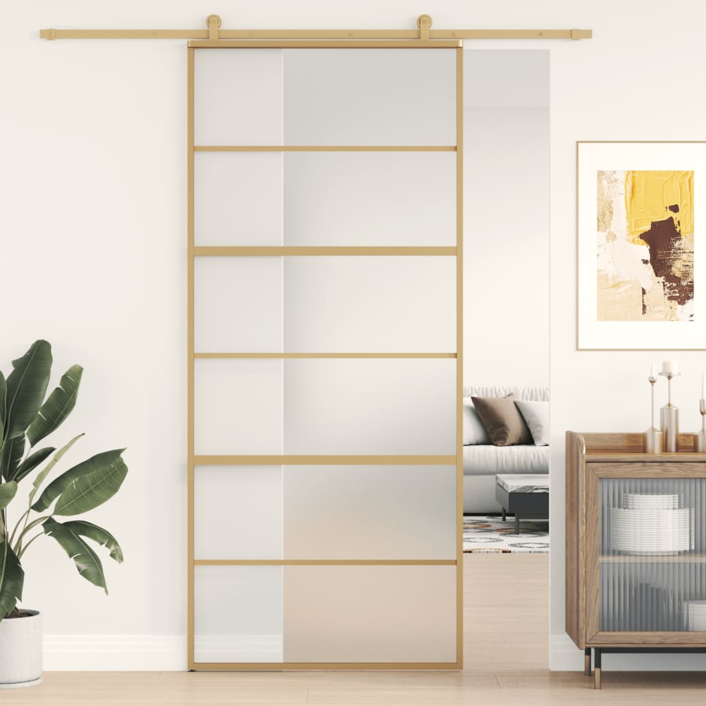 Puerta corredera dorada vidrio esg esmerilado aluminio 90x205cm esxt4378