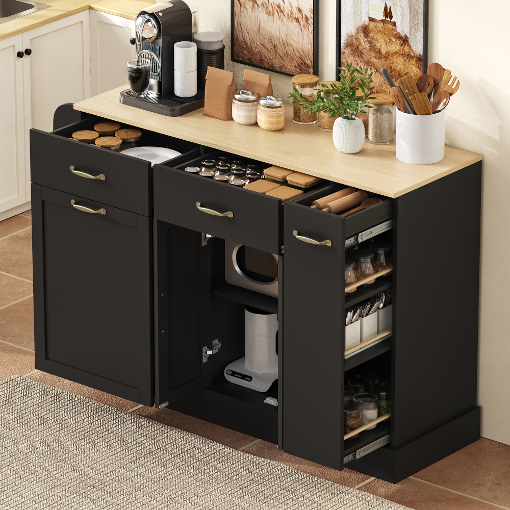 Aparador cocina con estantes y compartimento cubo negro 86x133,5x40cm