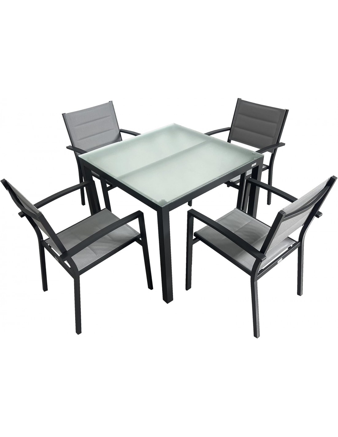 Set mesa y 4 sillas jardín aluminio y cristal templado de 90x90 exterior