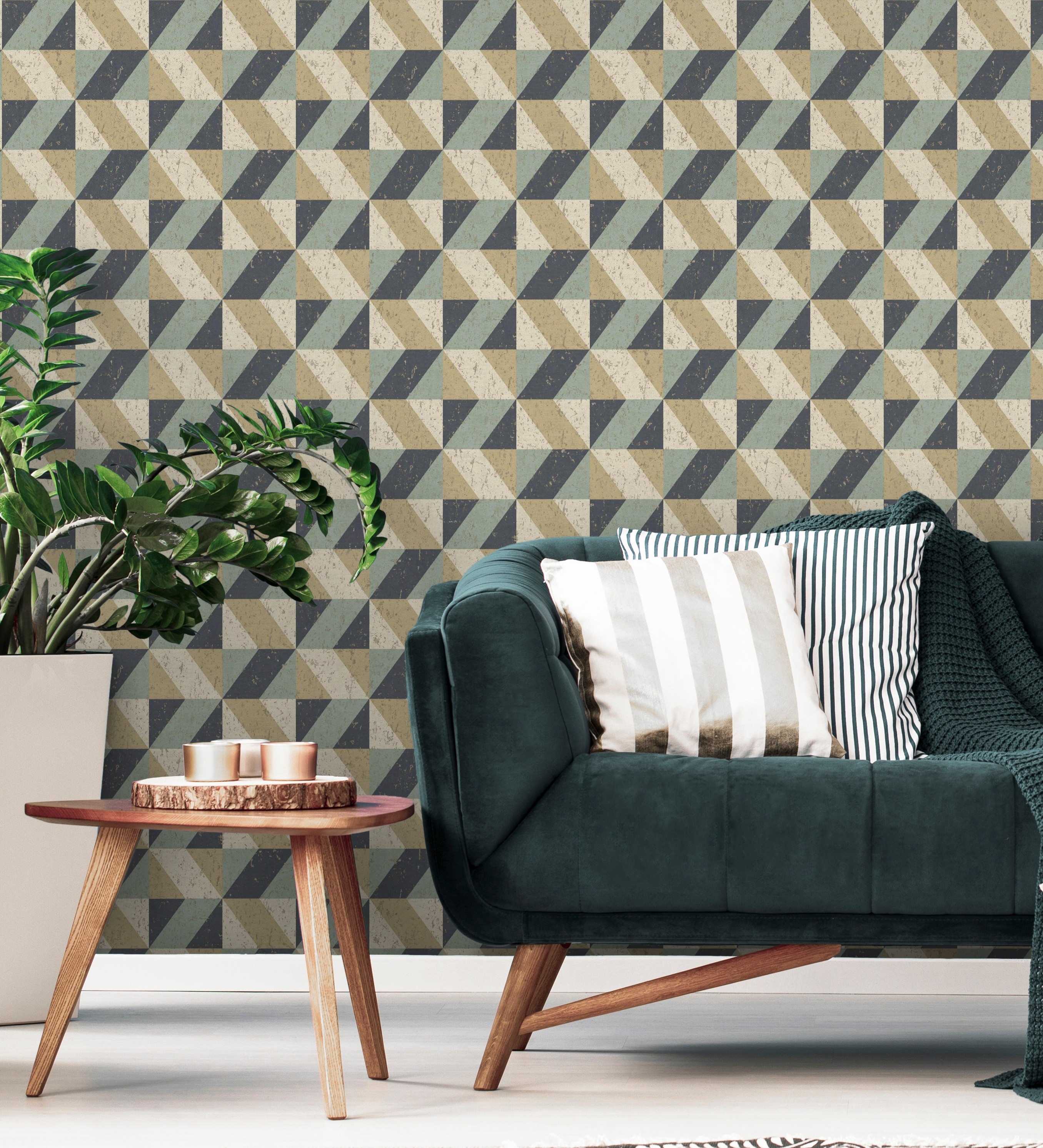 Papel pintado gaulan geométrico rombos dorado verde azul en 5.23m²