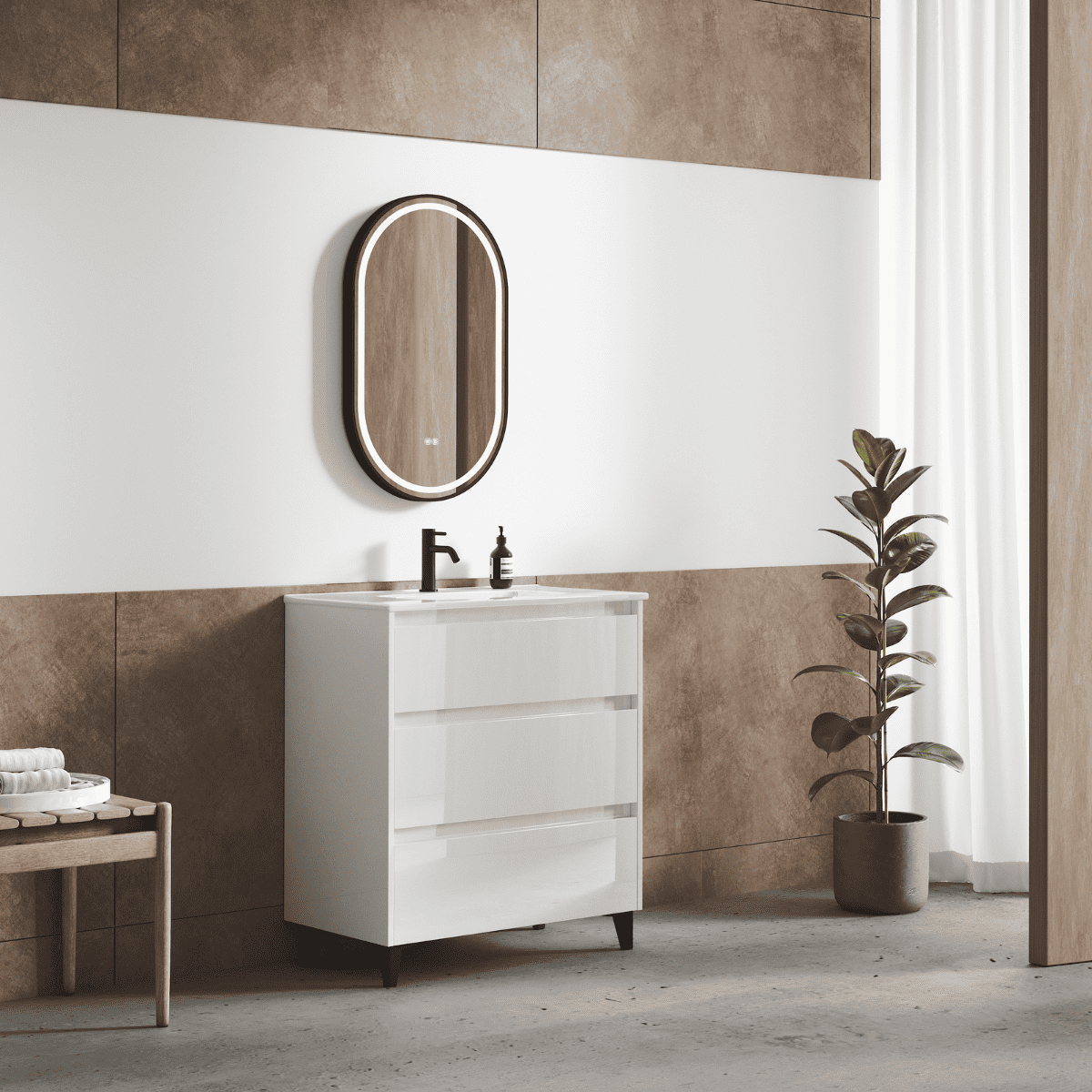 Mueble baño a suelo |lavabo cerámico |patas negro 3 cajones |80 cm blanco