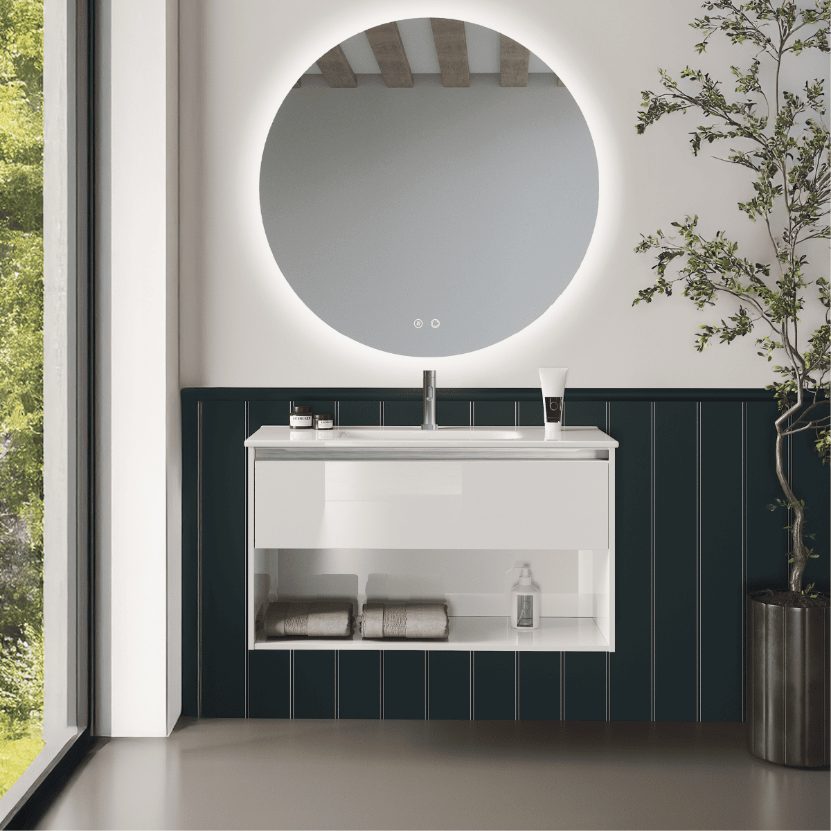 Mueble de baño con lavabo | 1 cajón 1 hueco | 70 cm blanco tirador cromo
