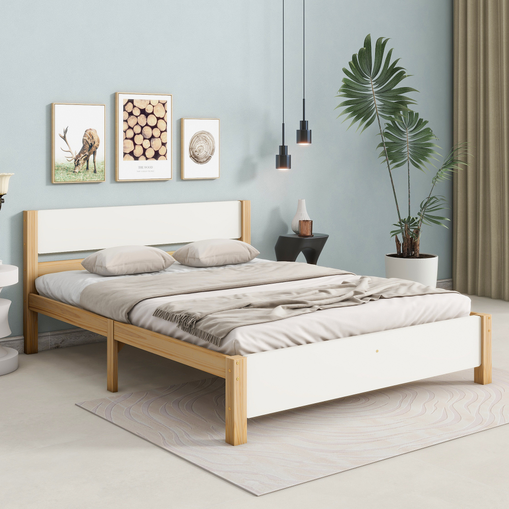 Cama doble 140x200cm con lamas y pies centrales madera – blanco