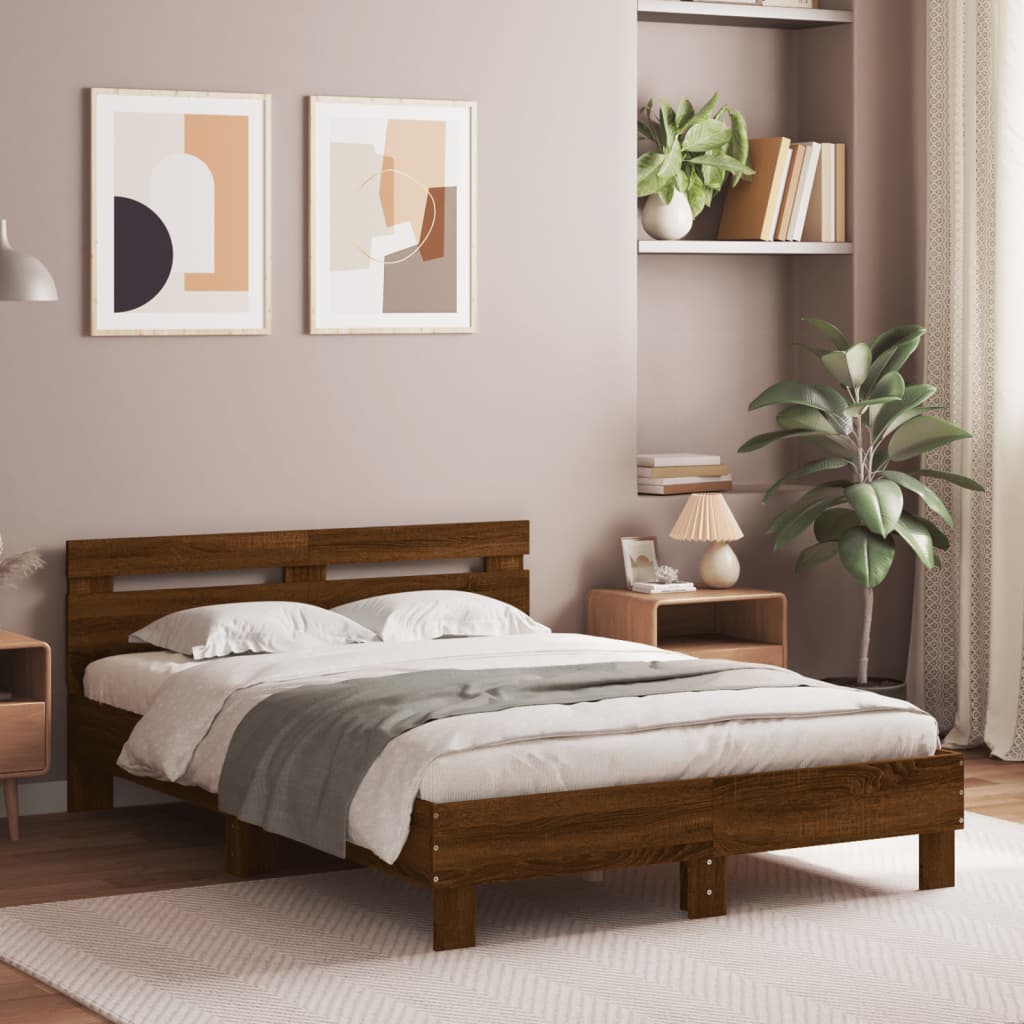 Cama cabecero y luces LED marrón roble 120x190 cm