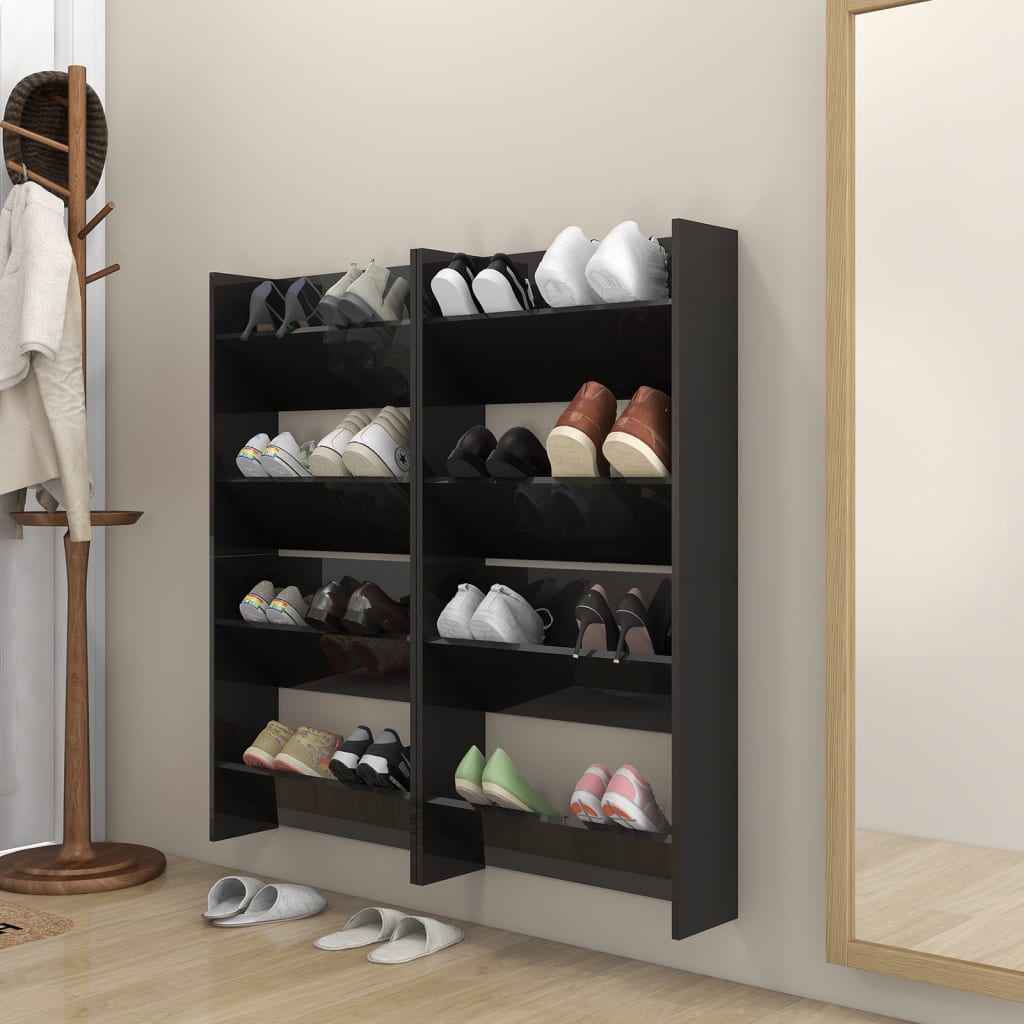 Zapateros de pared 4 uds contrachapada negro brillo 60x18x60 cm
