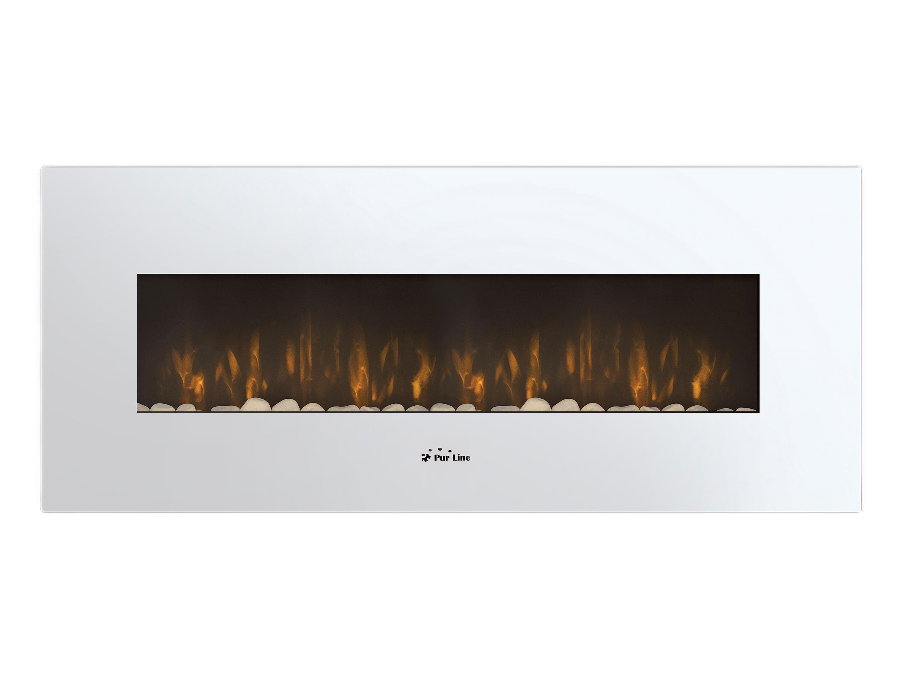 Chimenea eléctrica panorámica con luz LED ambiental y panel frontal blanco