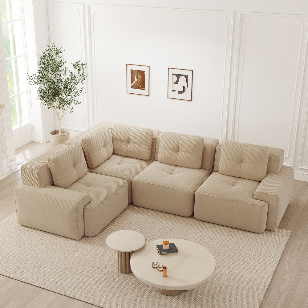 Sofá modular en l de pana beige 4 piezas antideslizante