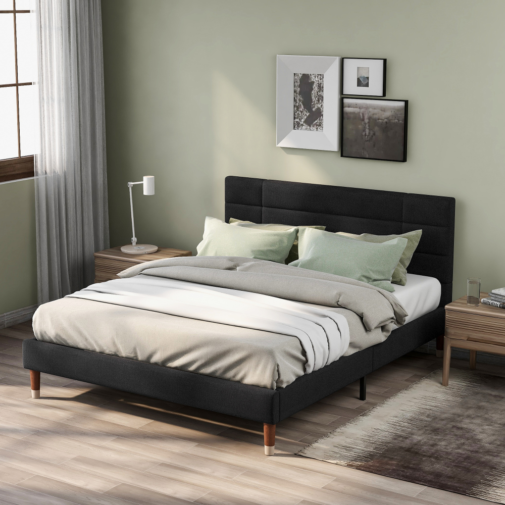 Cama tapizada 140x200cm somier muelles ensacados lino negro