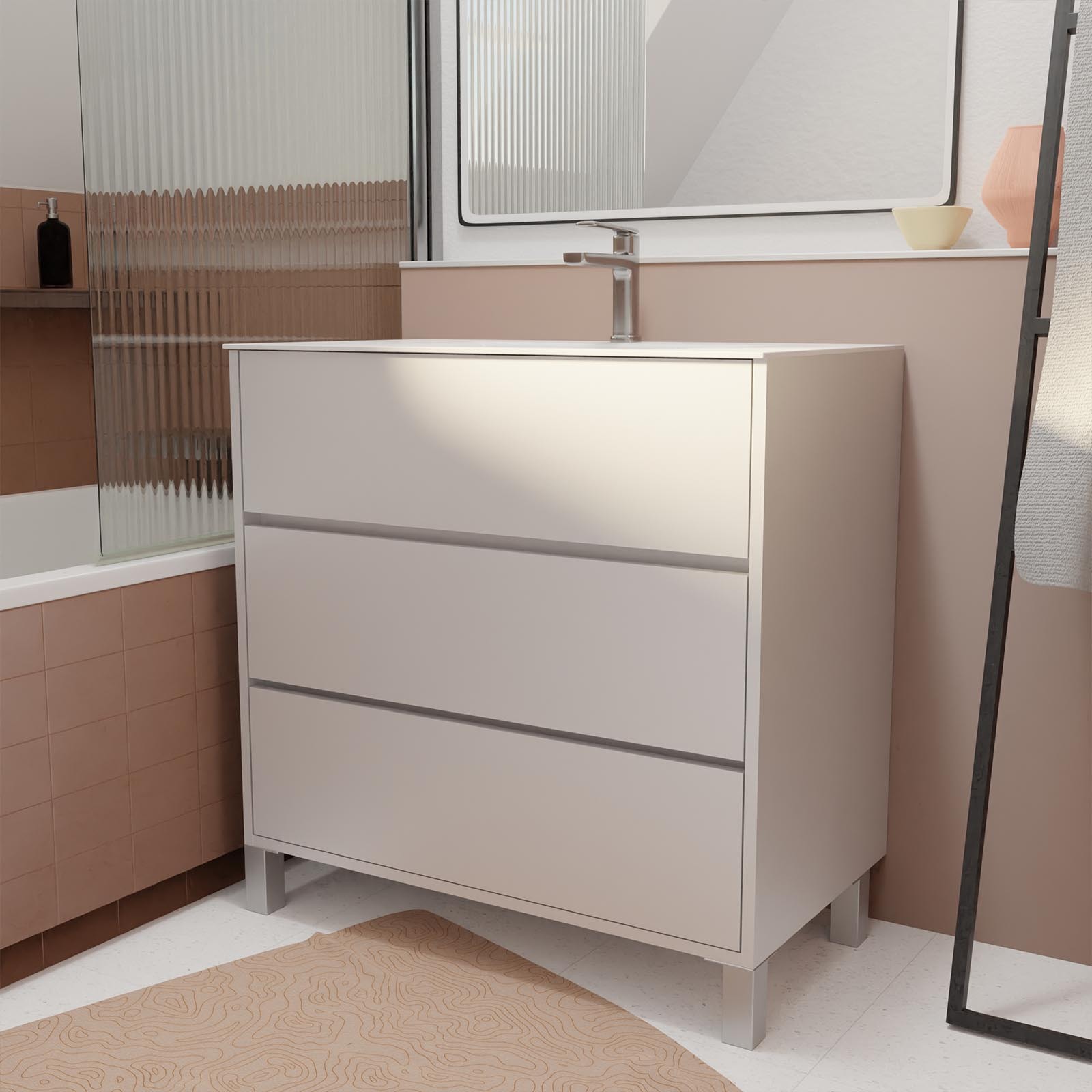 Pack mueble de baño 80 cm blanco lacado 3 cajones con lavabo de cerámica
