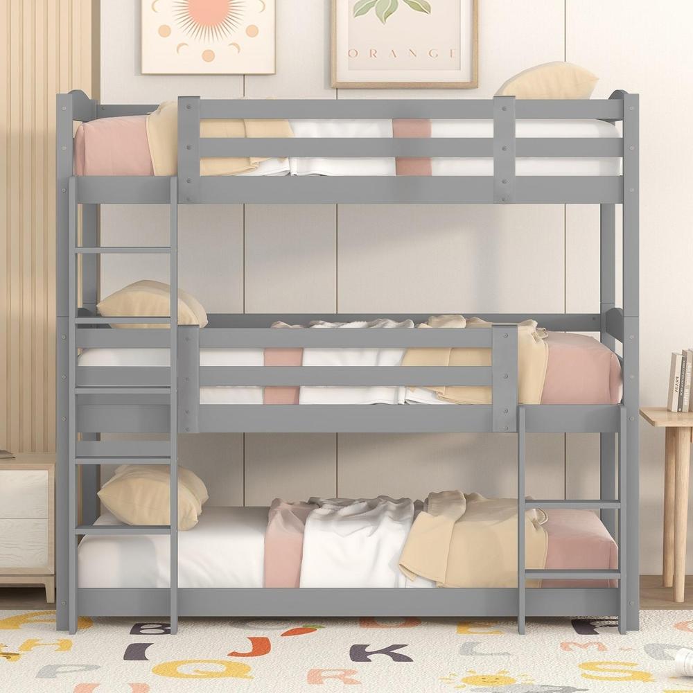 Litera triple 90x200cm madera 3 camas individuales escaleras gris