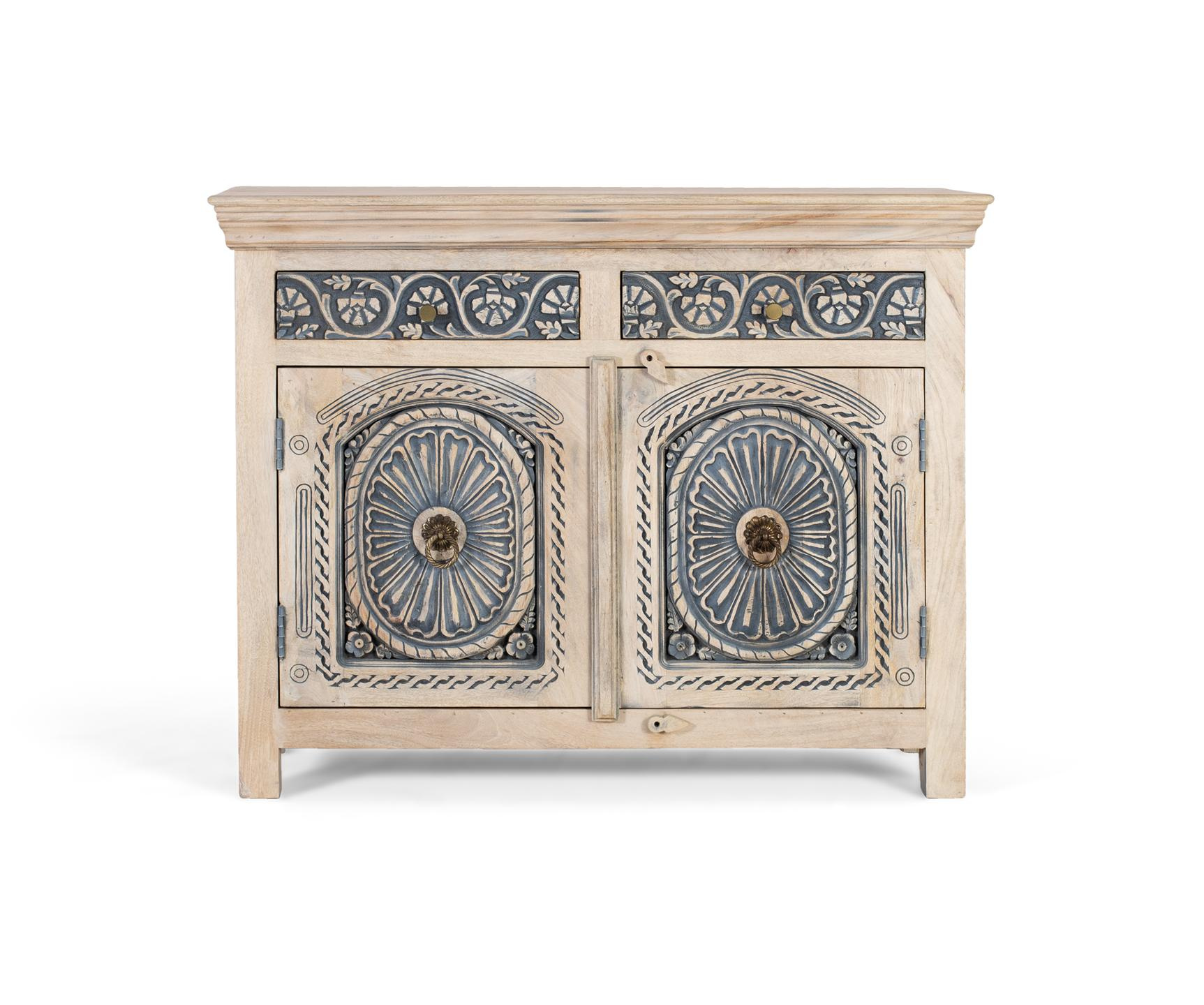 Aparador antiq-blue de madera de mango en color blanco y azul 116 cm