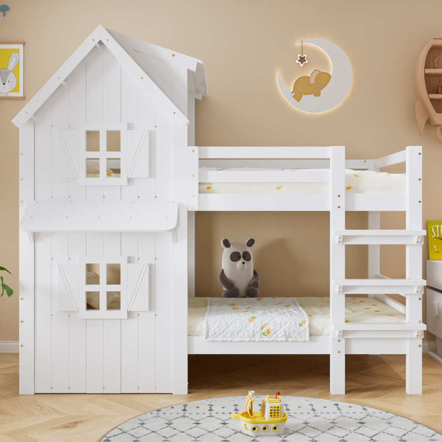 Litera infantil 90x200 cm con techo y ventanas madera y mdf – color blanco