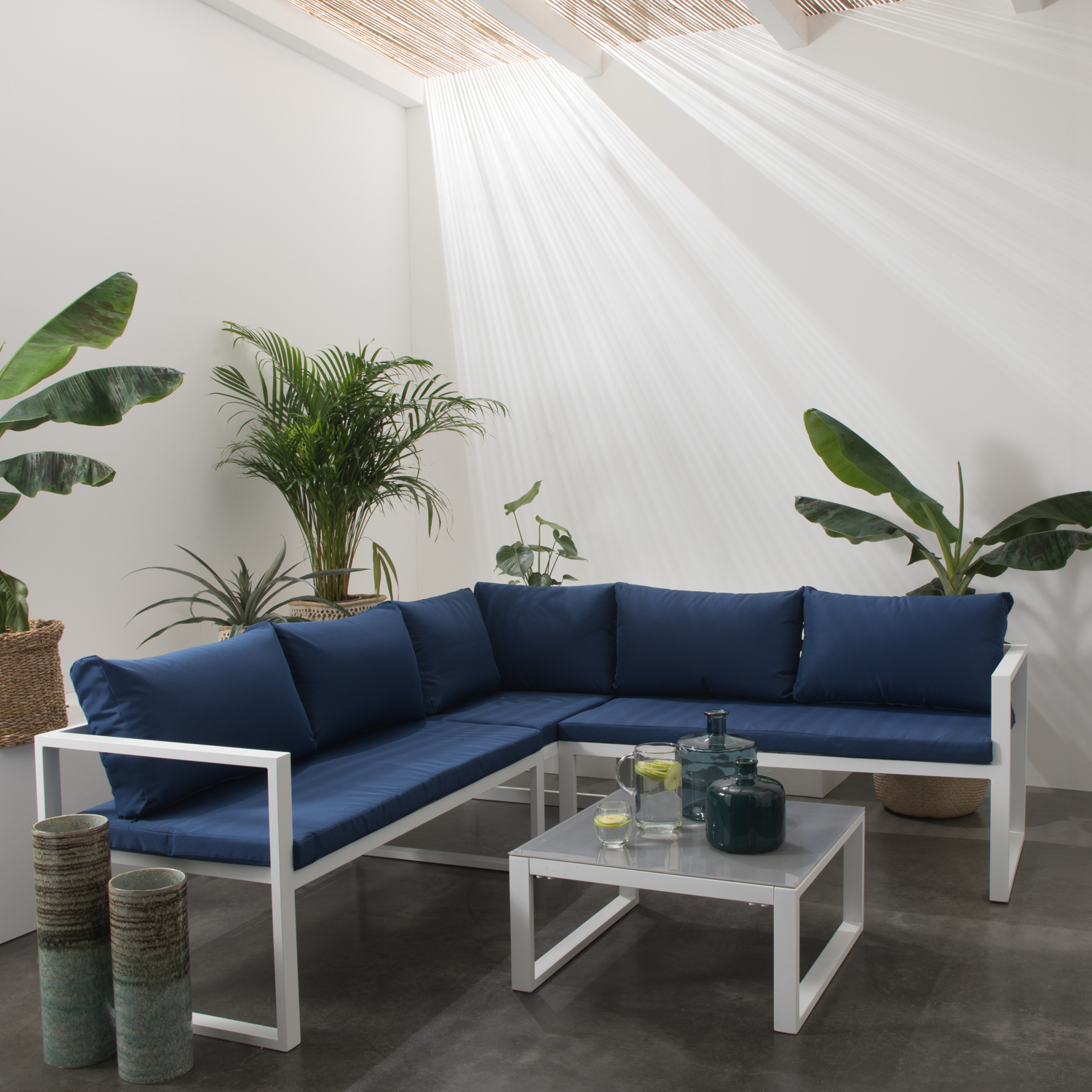 Conjunto de jardín ajustable ibiza tela azul 4 plazas aluminio blanco