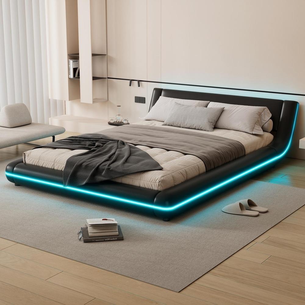 Cama baja con luces LED 140x200cm negro y mdf