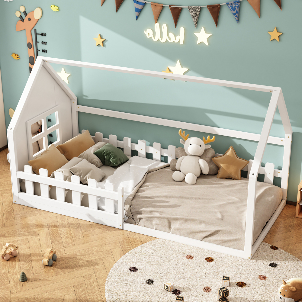 Cama infantil 90x200cm en forma de casa pino y mdf – color blanco