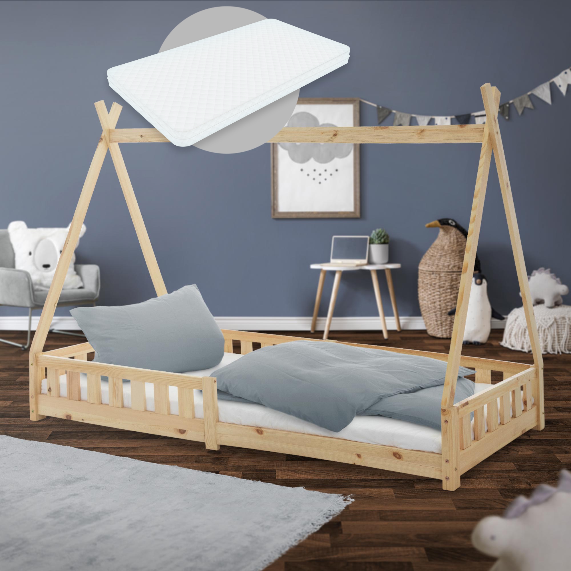 Cama infantil tipi madera de pino 90x200 cm natural ml-design