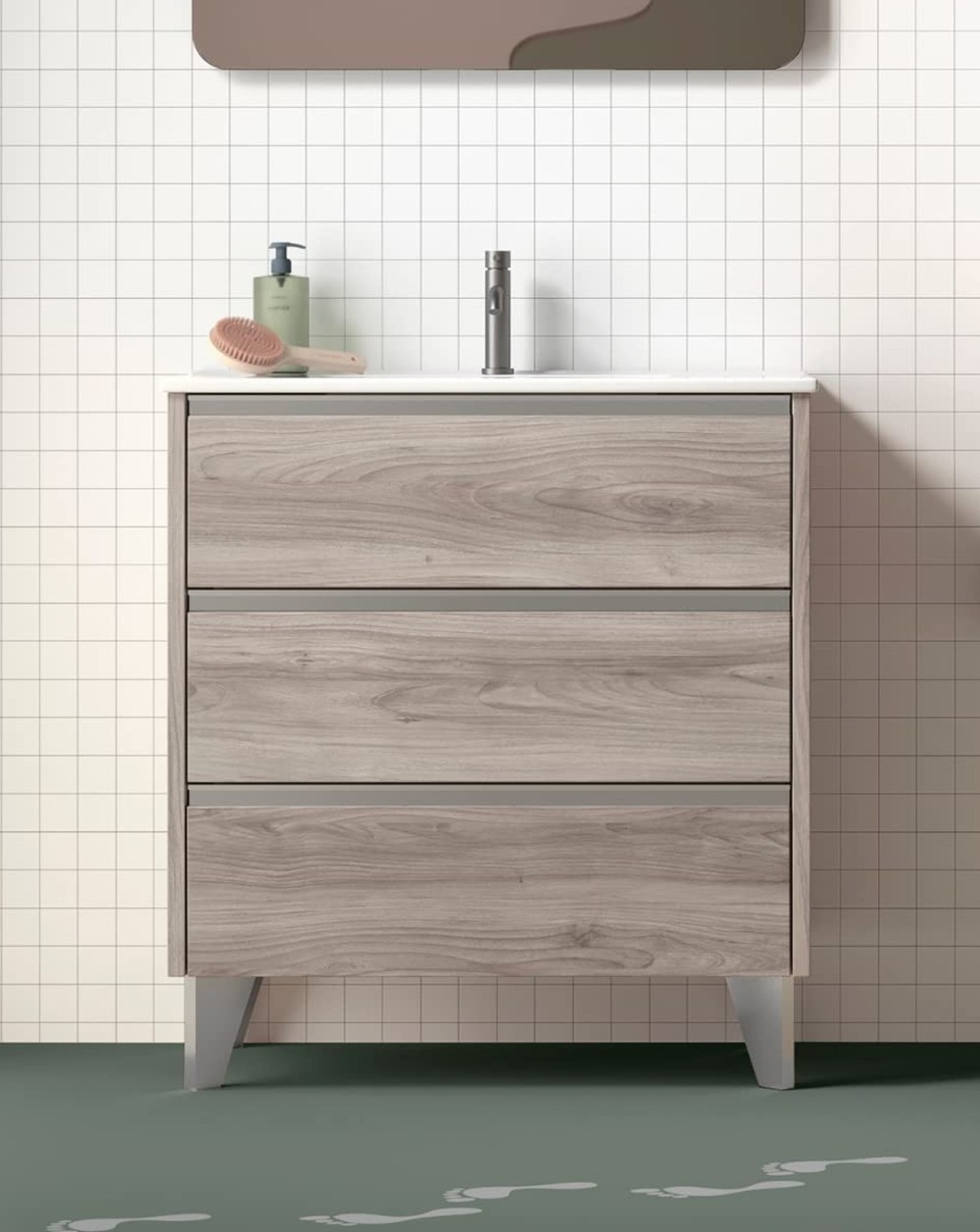 Mueble de baño al suelo con lavabo cerámico | 70 cm - pino gris