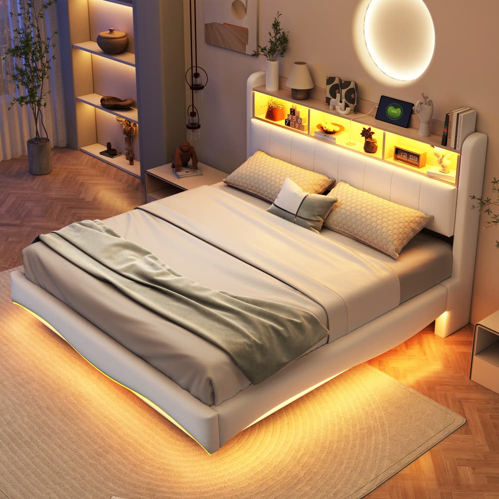 Cama doble tapizada 160x200cm con LED, usb-c y almacenaje lino beige