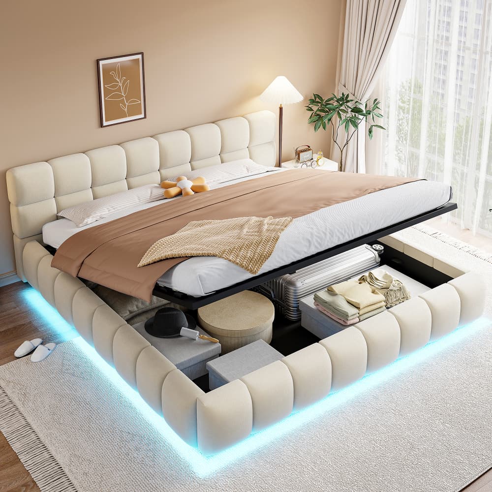 Cama doble tapizada 180x200cm con canapé hidráulico y LED terciopelo beige