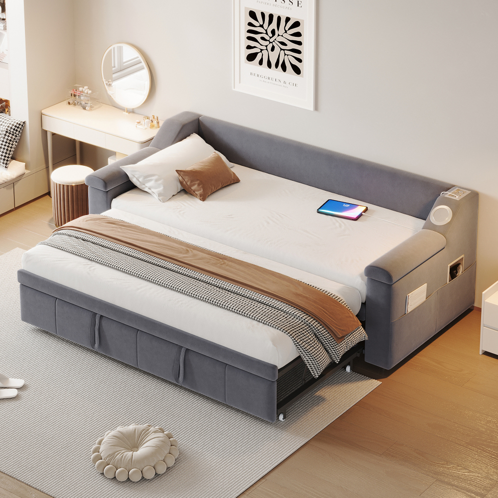 Cama nido 90/180x190cm con bluetooth, usb y almacenaje terciopelo gris