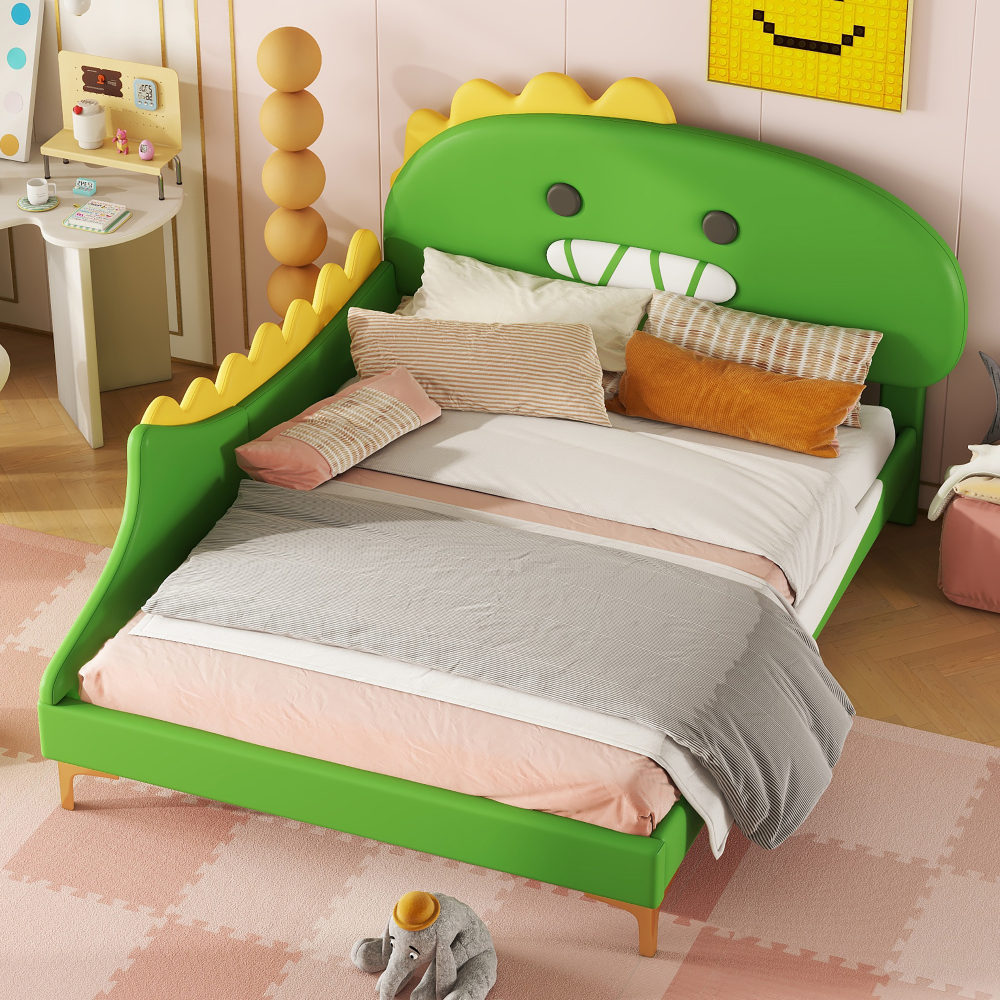 Cama 140x200 cm diseño dinosaurio en pu y mdf – color verde
