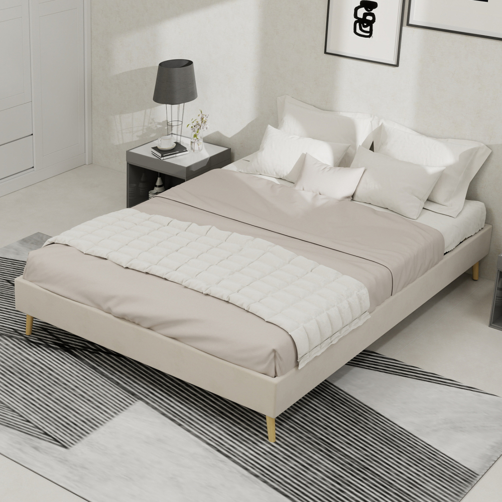 Cama tela y metal 140x200 cm con cabecero geométrico