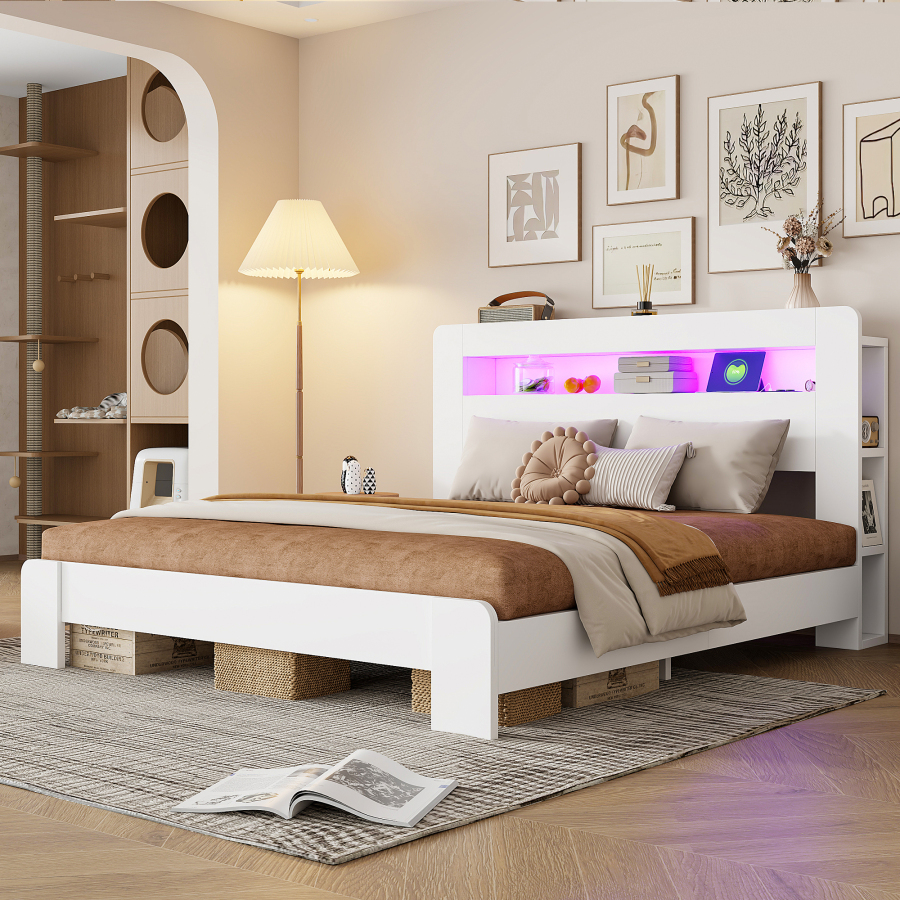 Cama de madera 180x200 cm con LED y almacenaje en cabecero – color blanco