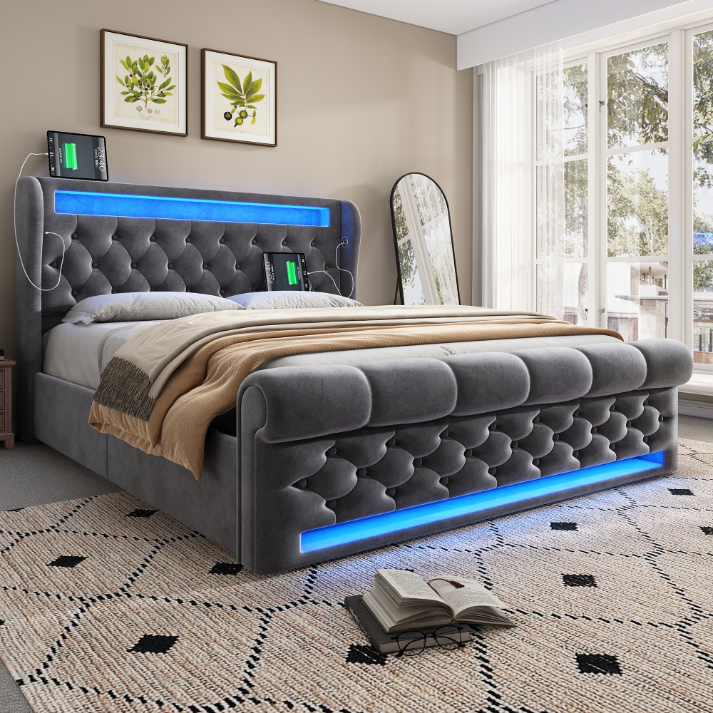 Cama tapizada 140x200cm LED usb tipo c canapé terciopelo gris con colchón