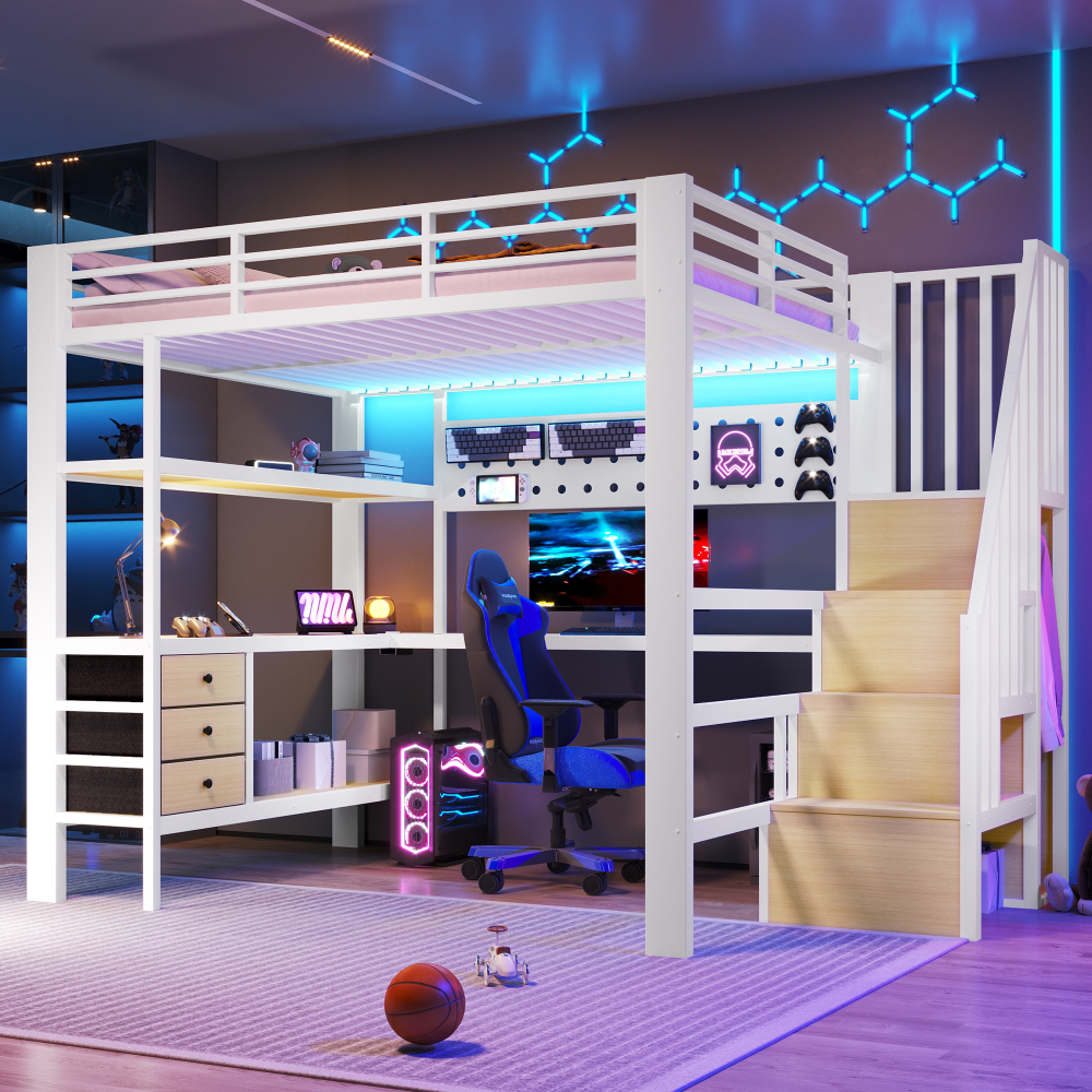 Cama alta 140x200cm con escritorio, cajones y LED metal mdf blanco