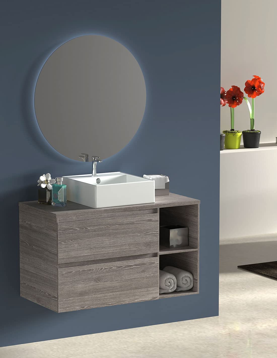 Mueble zeus con lavabo y espejo redondo LED roble smoky 80 cm izquierda