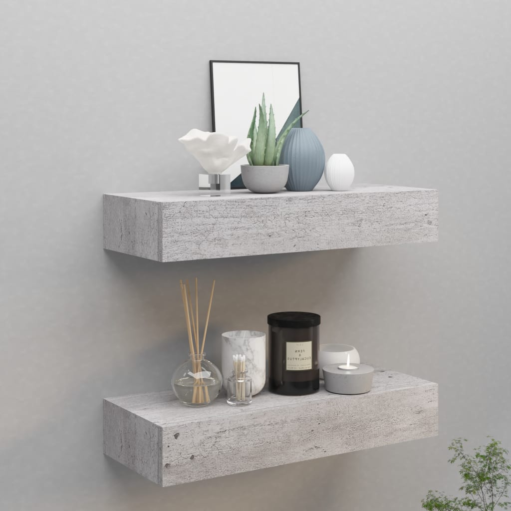Estante de pared con cajón 2 uds mdf gris hormigón 60x23,5x10cm