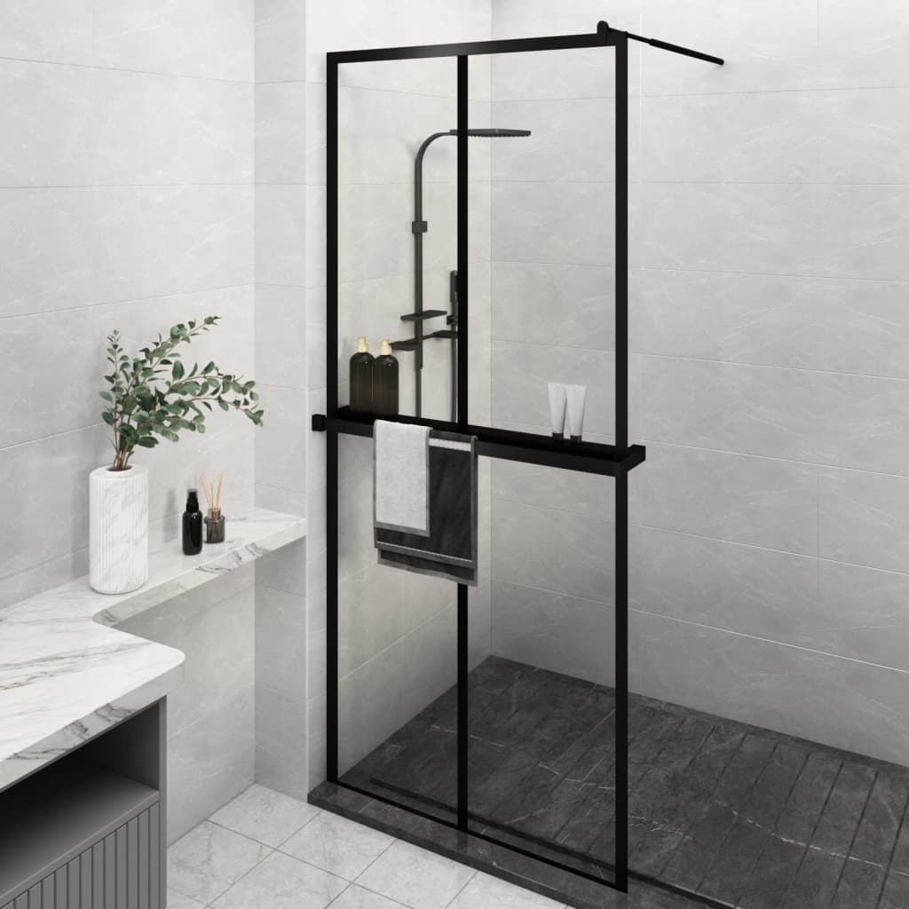 Mampara ducha con estante vidrio esg y aluminio negro 90x195 cm es2868