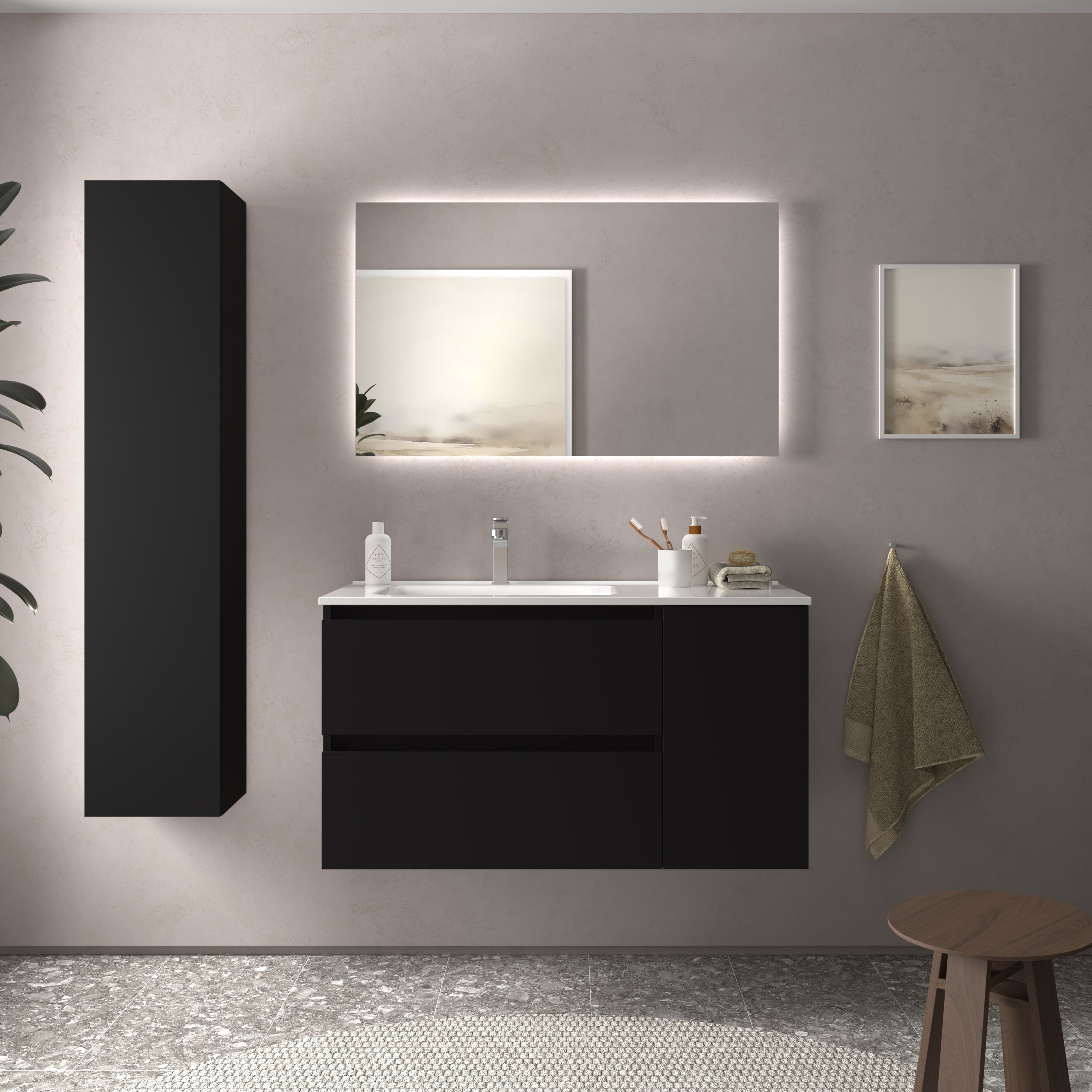 Mueble baño bequia 90cm + coqueta derecha + lavabo cerámica| negro