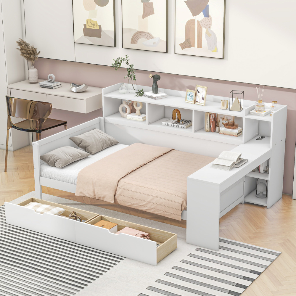 Sofá cama 90x200cm con escritorio cajones estantes usb madera mdf – blanco