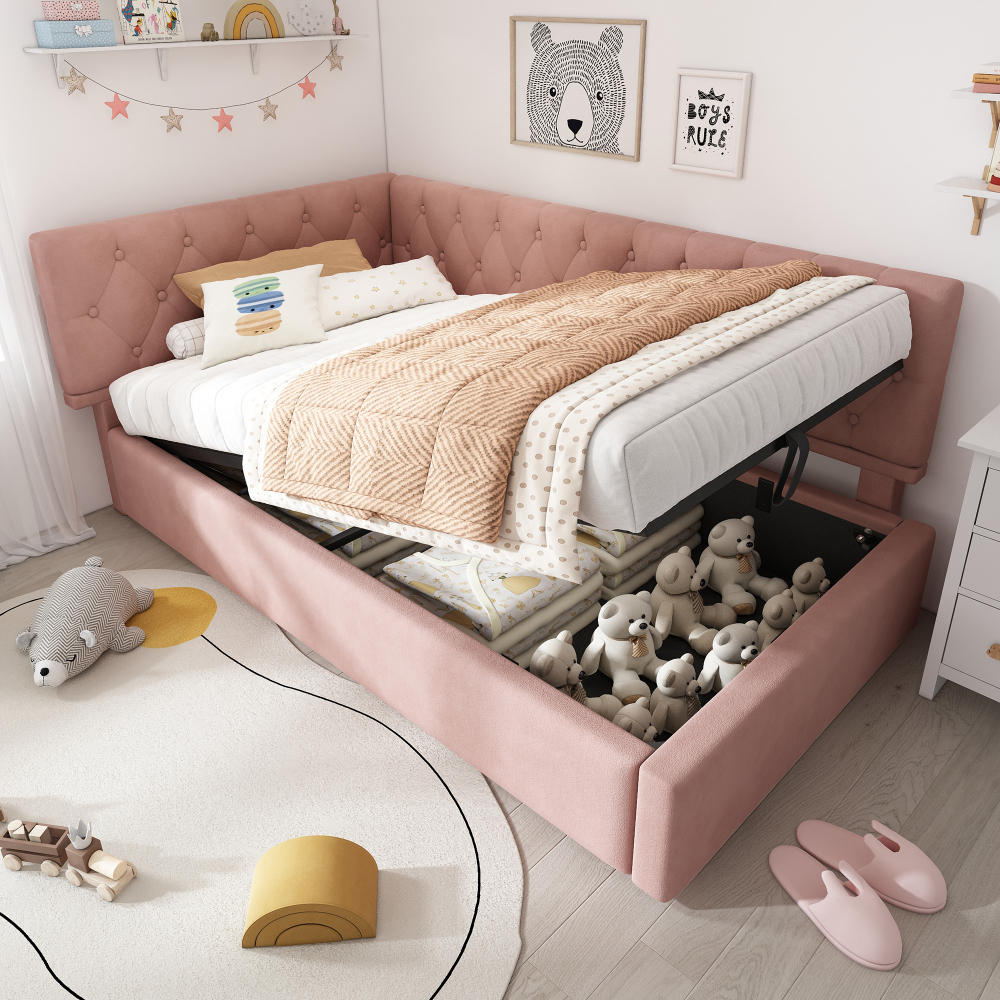 Cama tapizada 90x190cm con canapé hidráulico terciopelo – color rosa