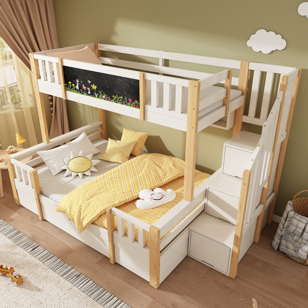 Litera triple 90/140x200 cm con armario y cajones madera – blanco+natural