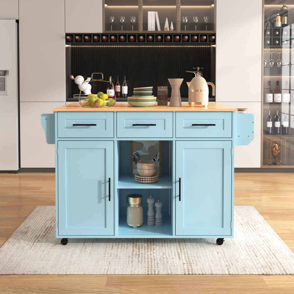 Isla de cocina con ala abatible y 3 cajones azul 91,5x139x46-71cm