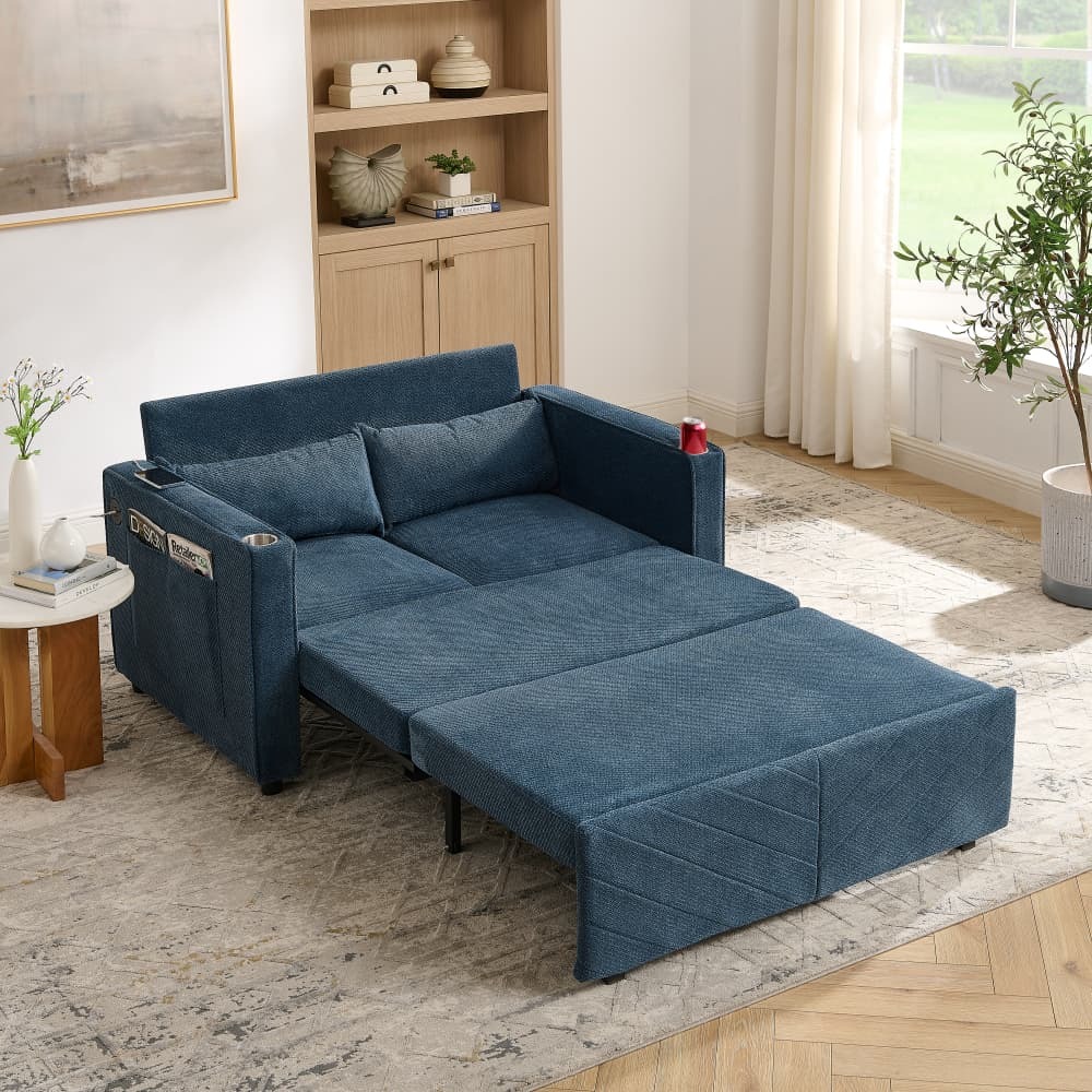 Sofá cama 2 plazas tela azul marino 3 en 1 con carga usb