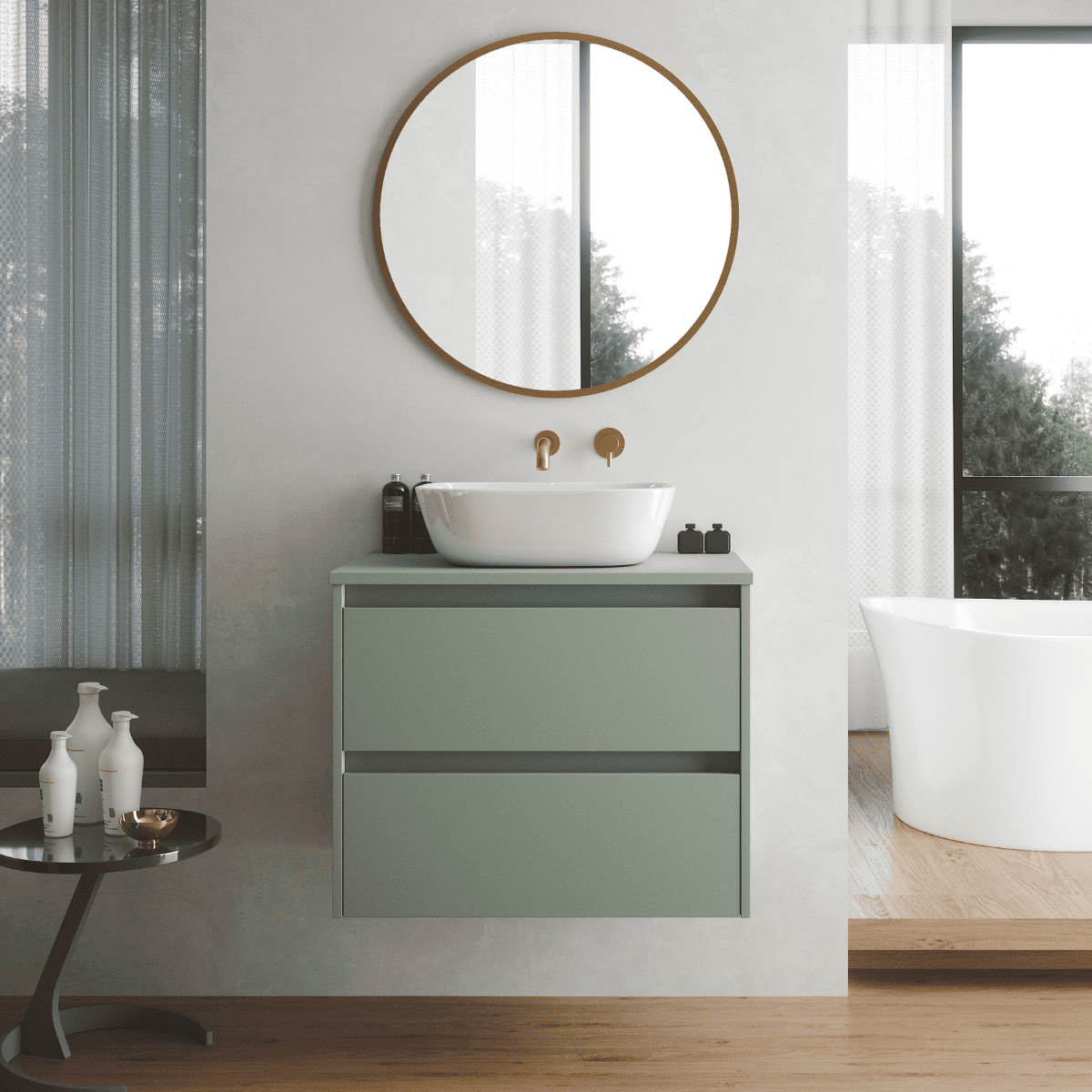 Mueble suspendido fondo reducido con lavabo | 2 cajones | 70 cm leaf