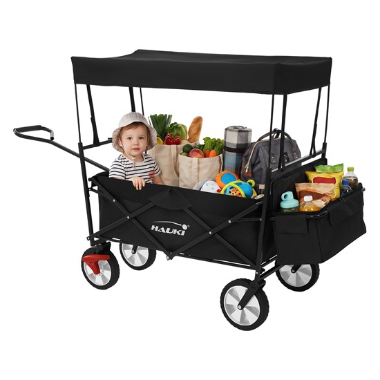 Carro de mano plegable con toldo negro transporte de equipamento playa