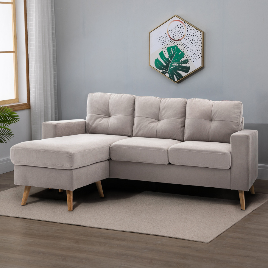 Sofá en l de lino gris claro 3 plazas con chaise longue reversible