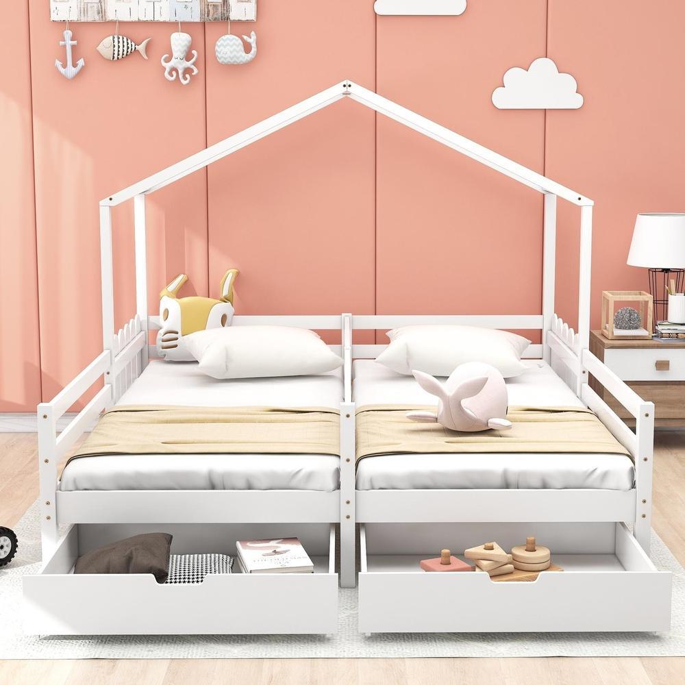 Cama infantil 90x200cm, pino macizo, 2 cajones con ruedas, blanca