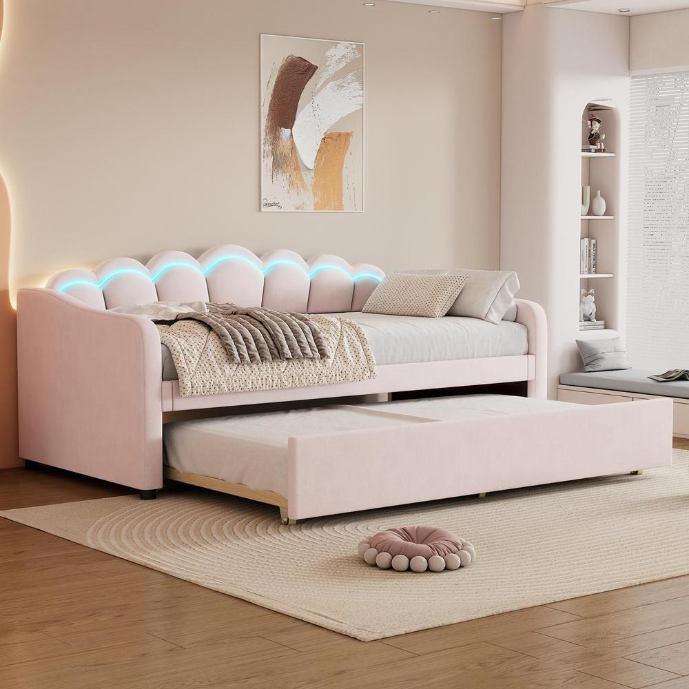 Cama nido 90x200cm con cama extra, LED multicolor y mando, rosa