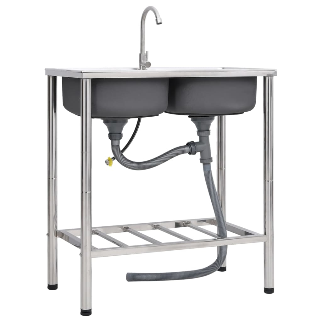 vidaXL fregadero de camping doble seno y grifo acero inoxidable