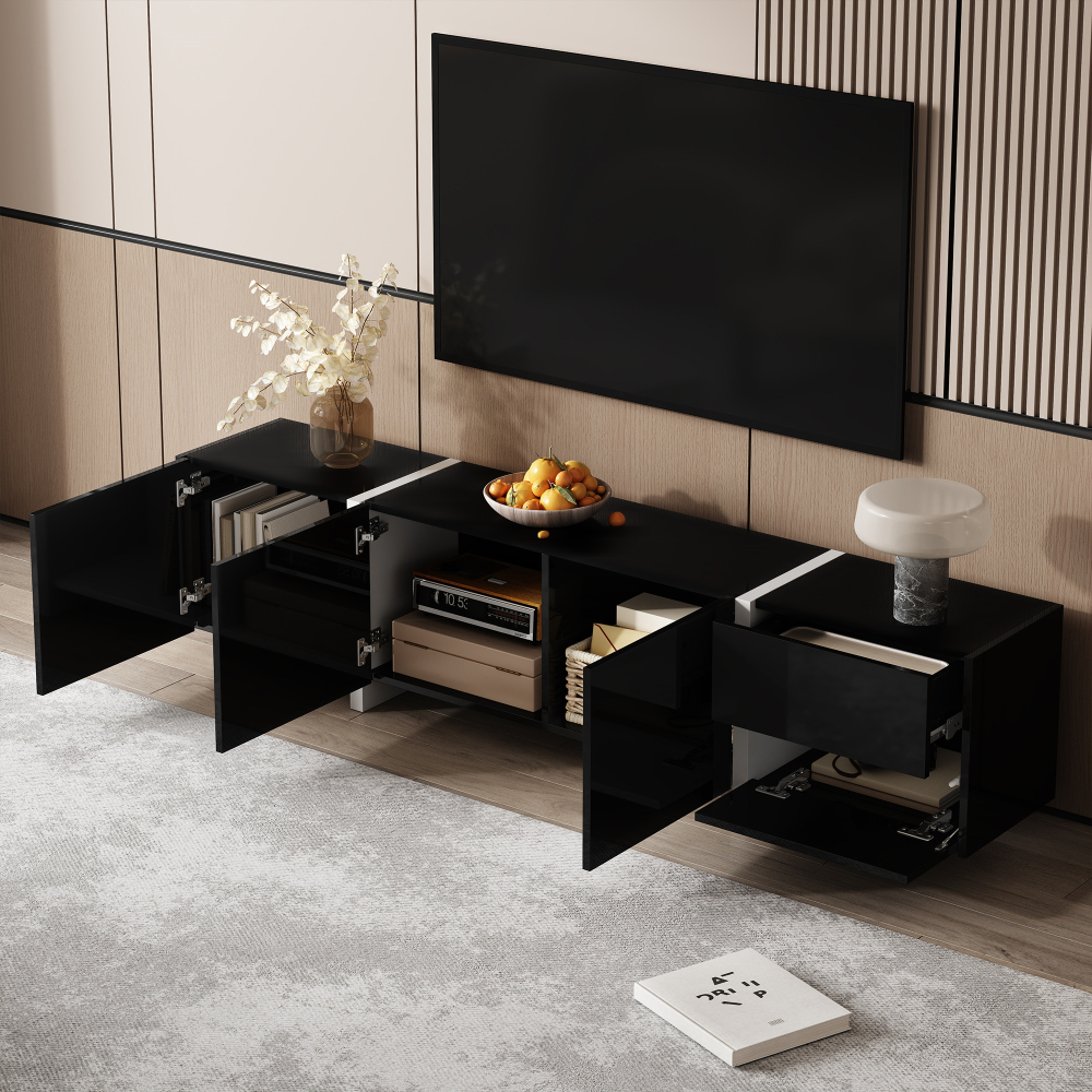 Mueble de tv con 3 puertas y 1 cajón negro blanco 39x170x30cm