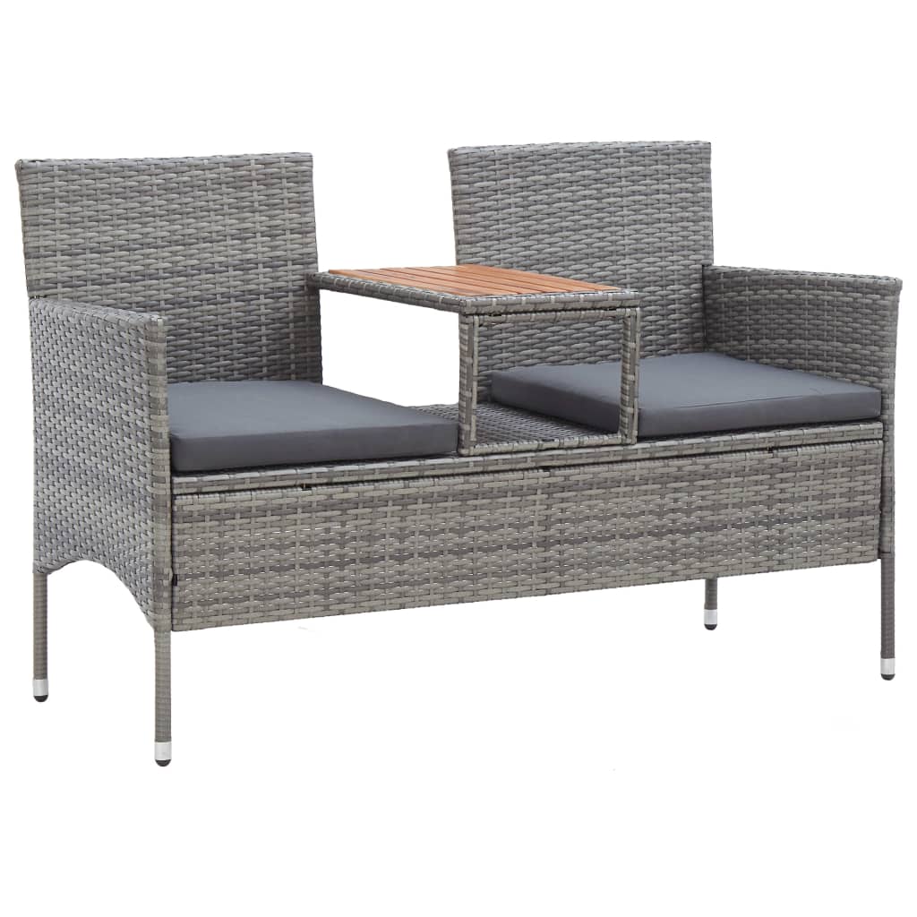 vidaXL banco de jardín 2 plazas con mesita ratán sintético gris 143 cm