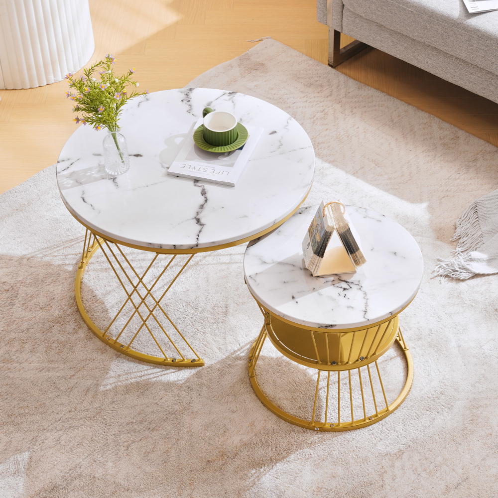 Mesa de centro nido set de 2 mdf blanco brillo efecto mármol