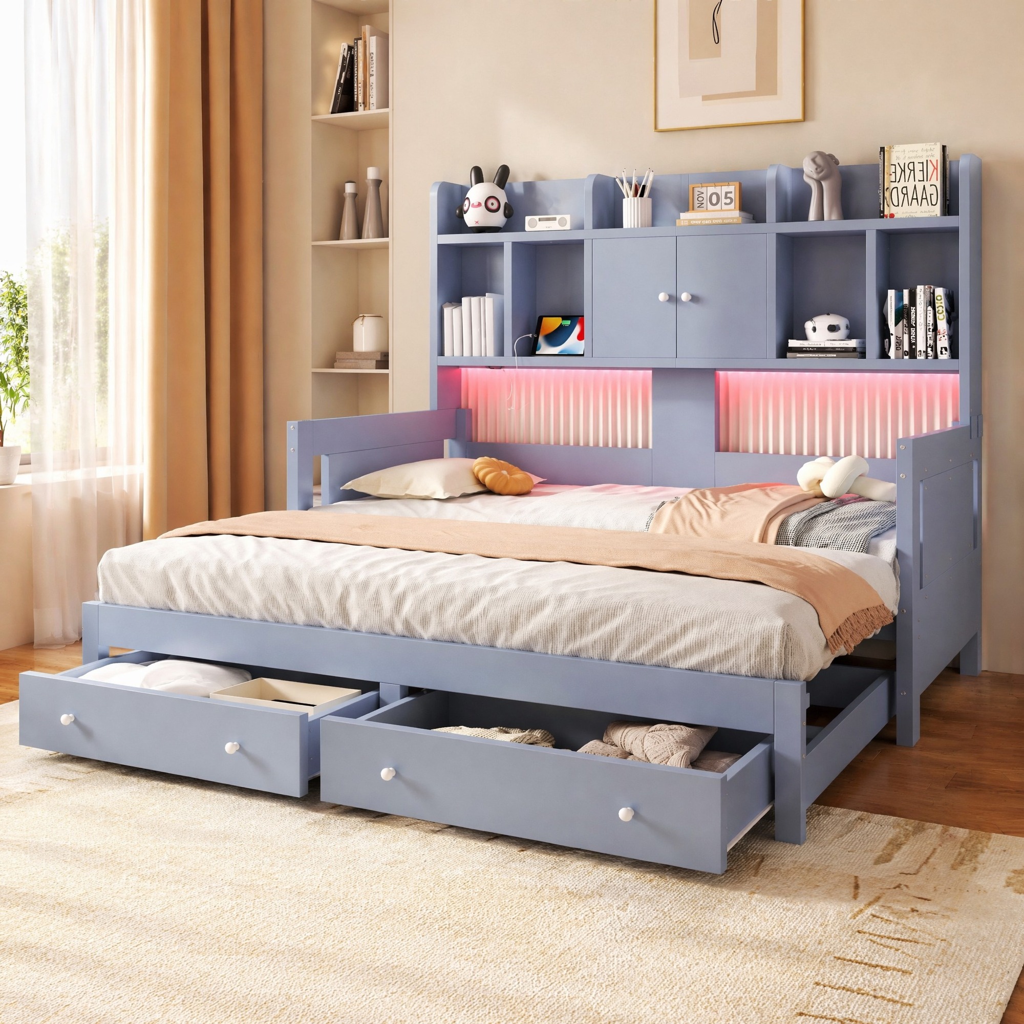 Sofá cama extensible 90x190cm con almacenaje y LED madera gris