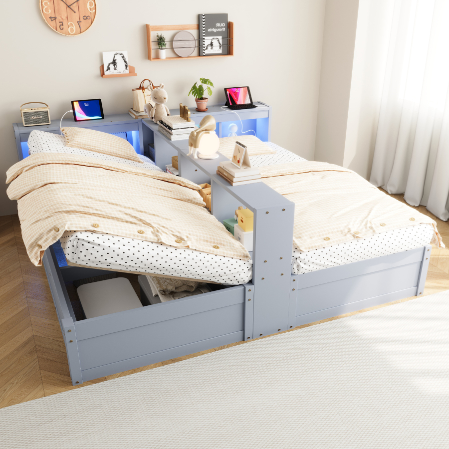 Cama multifuncional 90-180x200 cm con LED, enchufes y almacenaje mdf