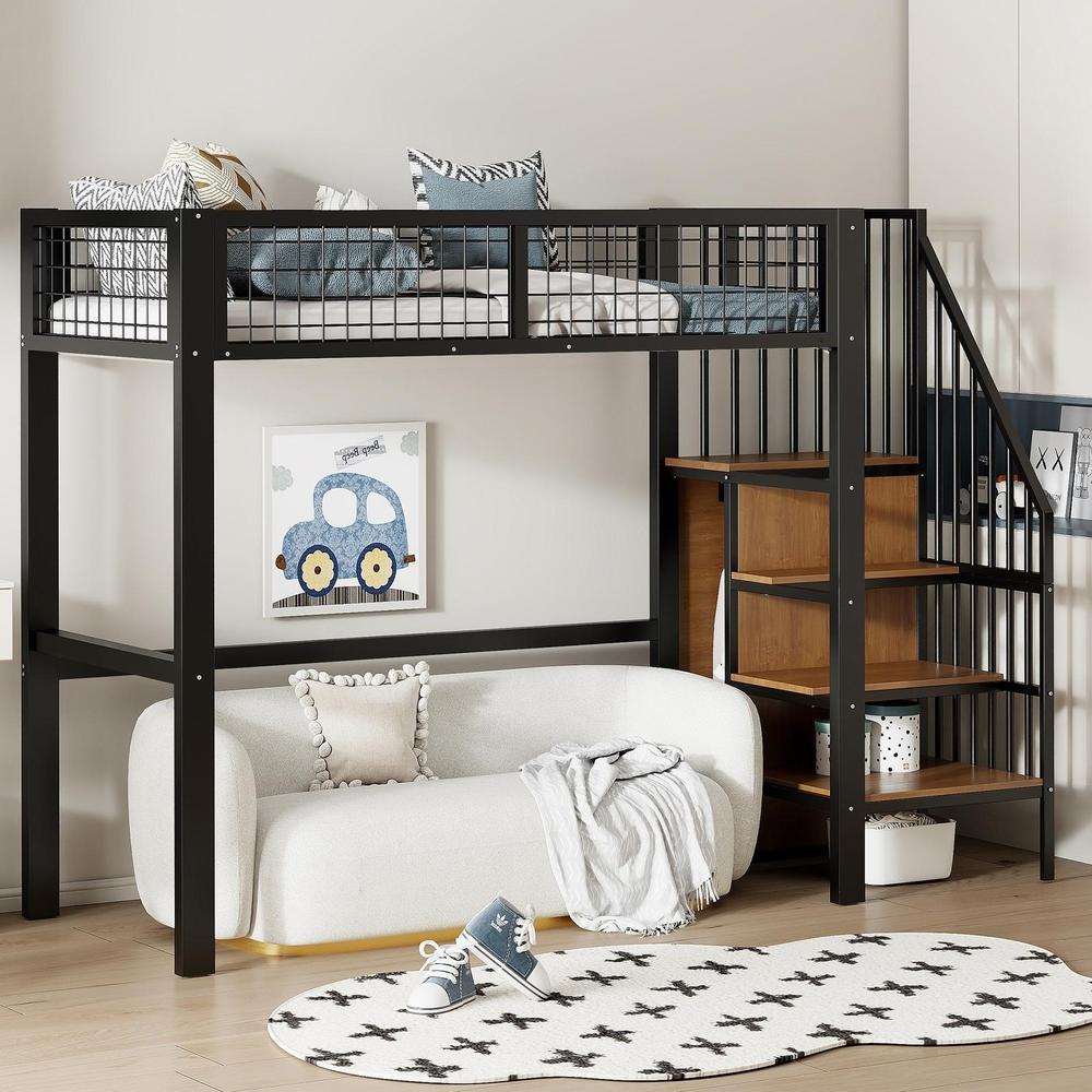 Cama loft infantil 90x200cm con escalera, almacenaje y armario negro